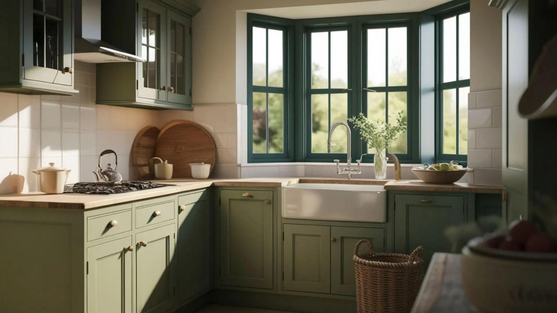 Professional cabinet painting with green finish